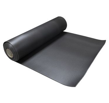 Das Bild zeigt eine Rolle aus anthrazit farbigem PE-Schaum, die teilweise abgerollt ist und auf einem weißen Hintergrund liegt.